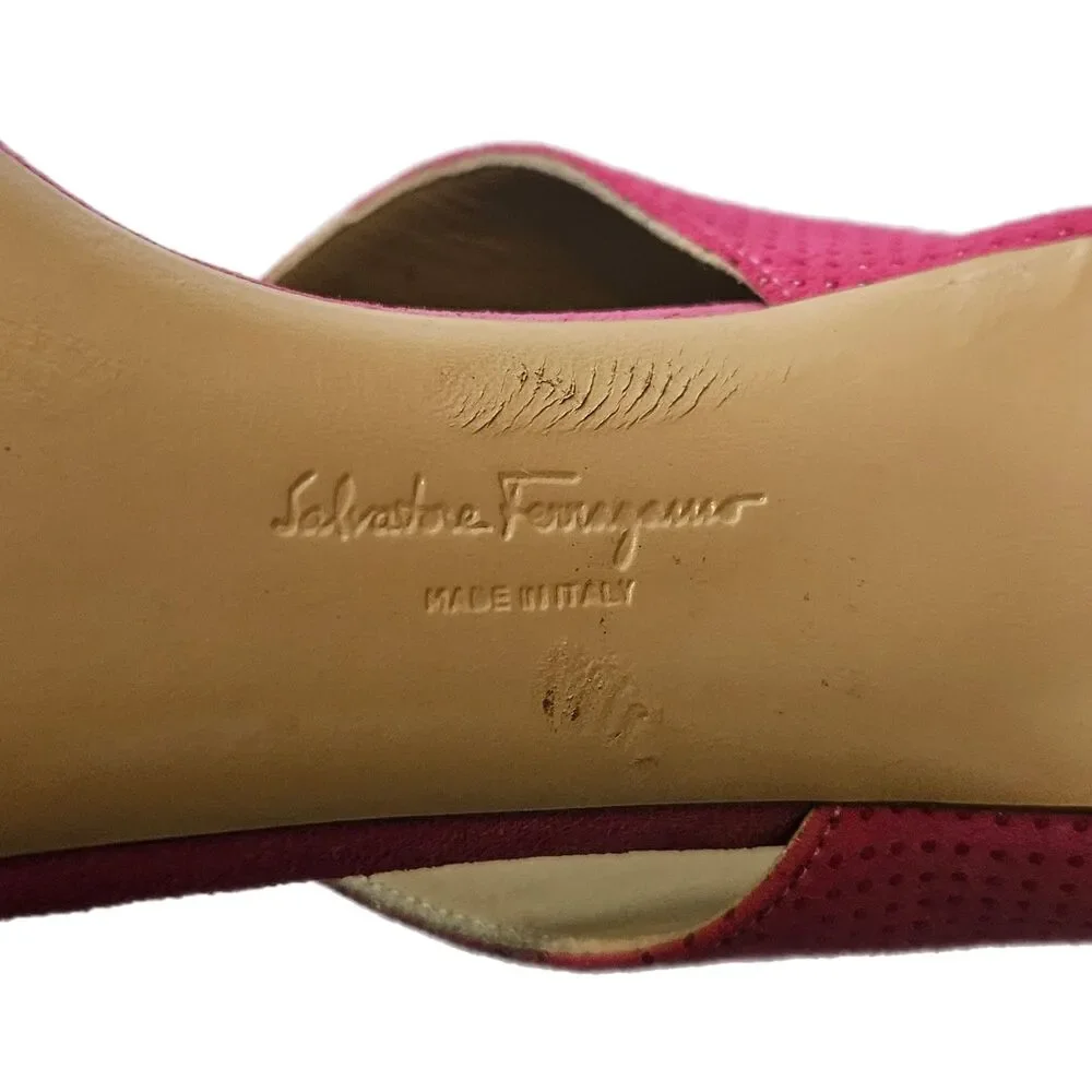 Salvatore Ferragamo Hot Pink Suede Open Toe Bow Accent Stiletto Heels Size 5.5 C